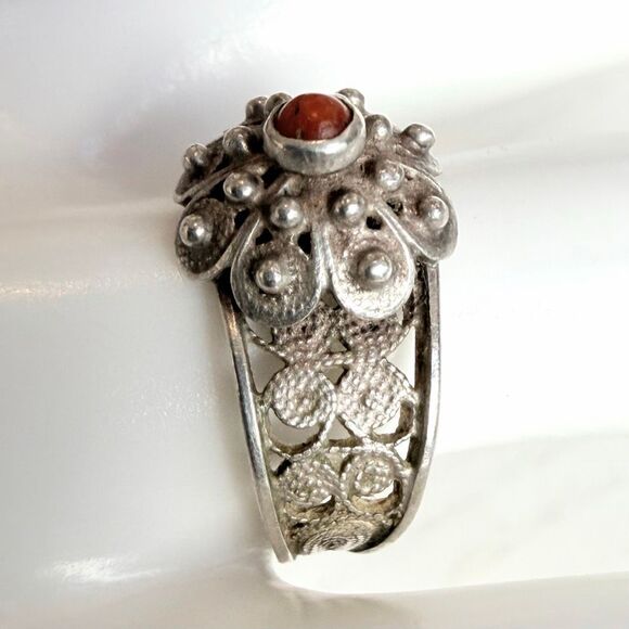800 Silver Coral Filigree Adjustable Cuff Ring - Picture 6 of 8
